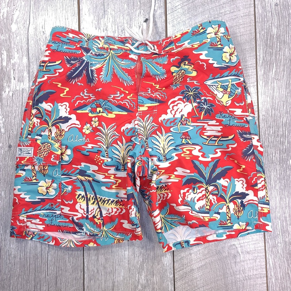 Polo Ralph Lauren Mens Kailua Lined Swim Trunks Size Large Red Tropical Print